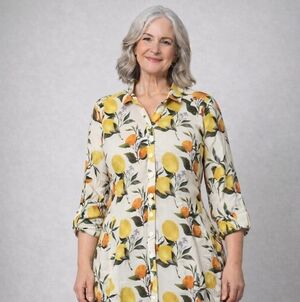 Blue Sky Cream Button-Down Top with Yellow & Orange Citrus Print